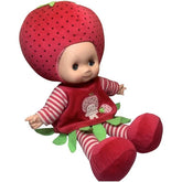 A doll designed to look like a strawberry, with a red body, green accents, and a striped outfit.